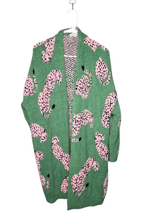 Maximalist Dopamine Green Pink Leopard Oversized Fuzzy Sweater - Picture 2 of 12